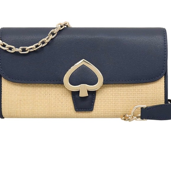 NEW* Kate Spade Robyn Straw HandBag Nightcap Flap Chain Wallet Clutch Navy Logo - Picture 1 of 15